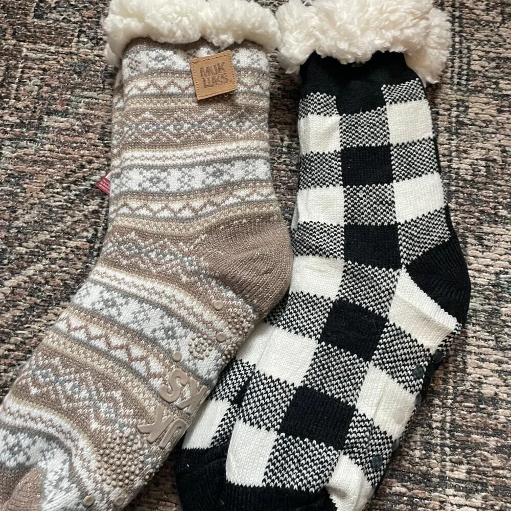 Muk Luks Cabin Socks 2 Pair Sherpa Slipper Socks Buffalo Plaid